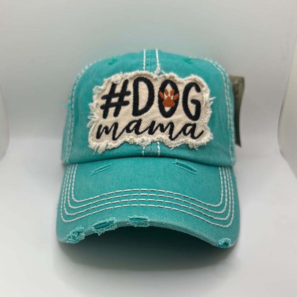 Teal #DogMama Distressed Ball Cap